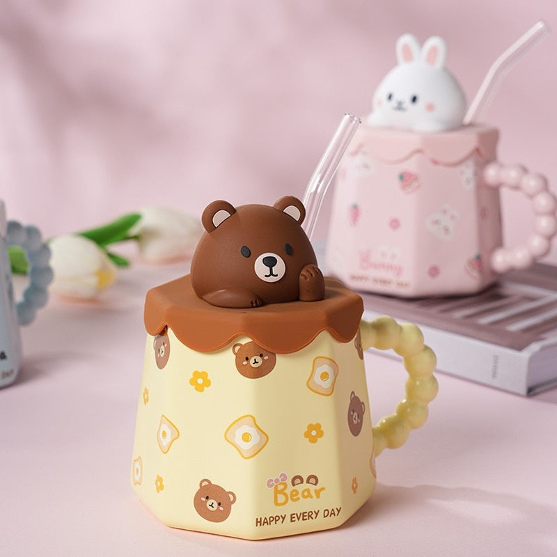 Pastel animal mug & straw set - bear - bears - bunny - cat - cats