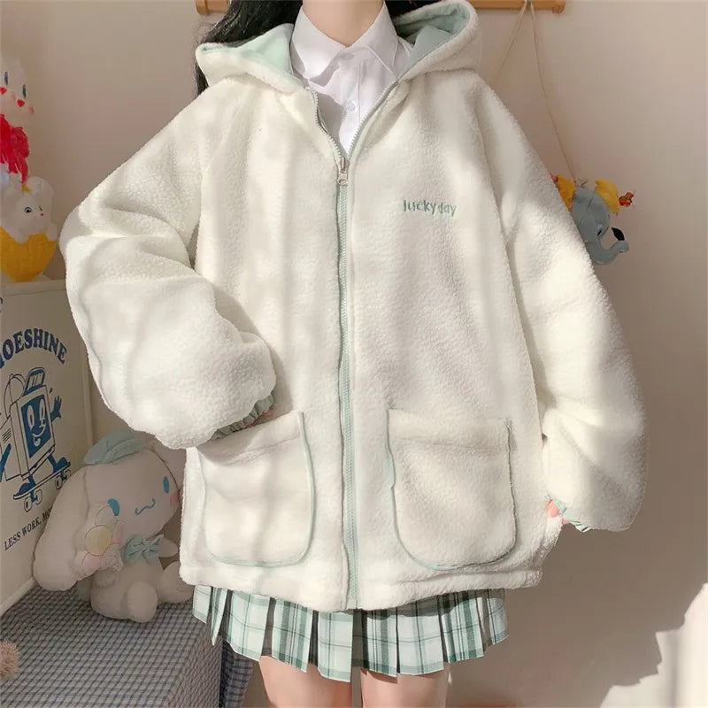 Pastel Bear Double Sided Reversible Zip Up Jacket Kawaii Babe Green L