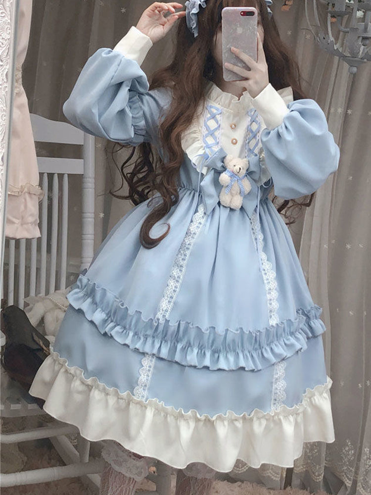 Puff Sleeve Layered Lace Pastel Blue Maiden Dress | Kawaii Sweet Blue Puff Sleeve Layered Lace Pastel Blue Maiden Dress | Kawaii Sweet Blue