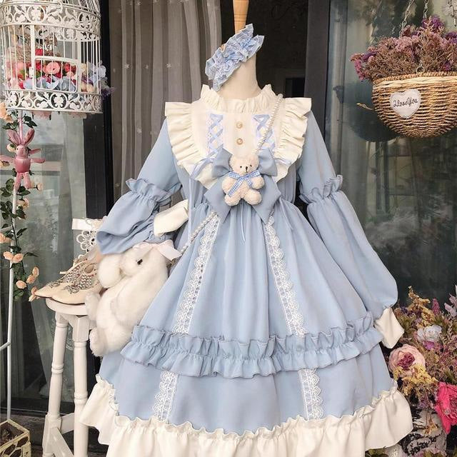 Puff Sleeve Layered Lace Pastel Blue Maiden Dress