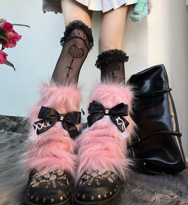 Pastel goth fur leg warmers - bows - fur - furry - leg warmers - pastel