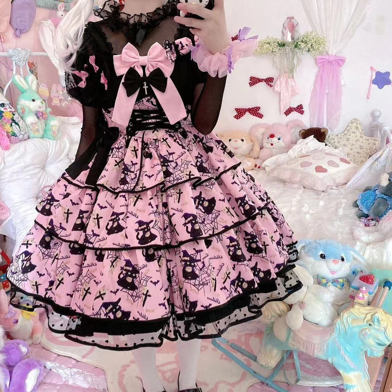 Pink and black haunted Halloween dress with layered ruffles and full skirt volume