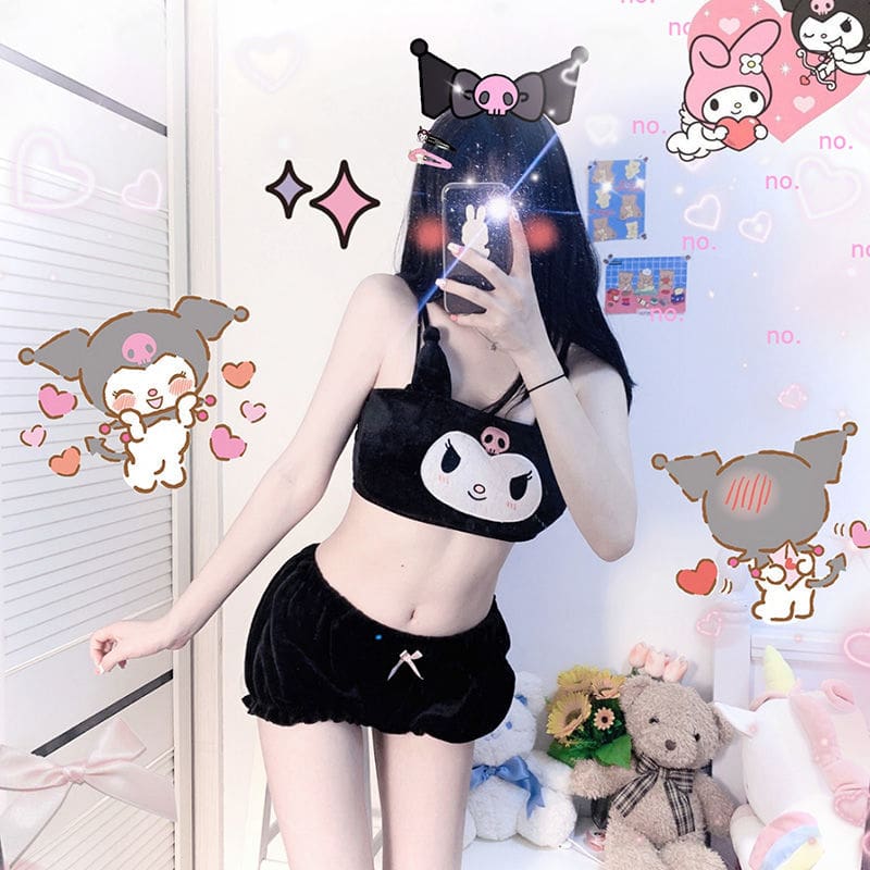 Kawaii pastel goth lingerie set fuzzy bloomer shorts