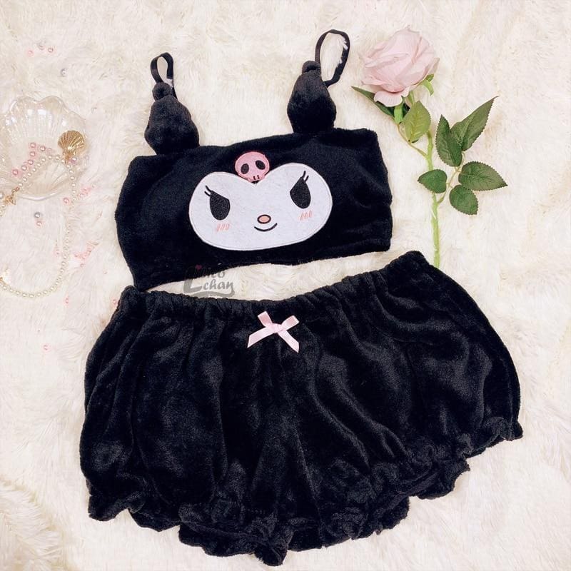 Kawaii pastel goth lingerie set fuzzy bloomer shorts