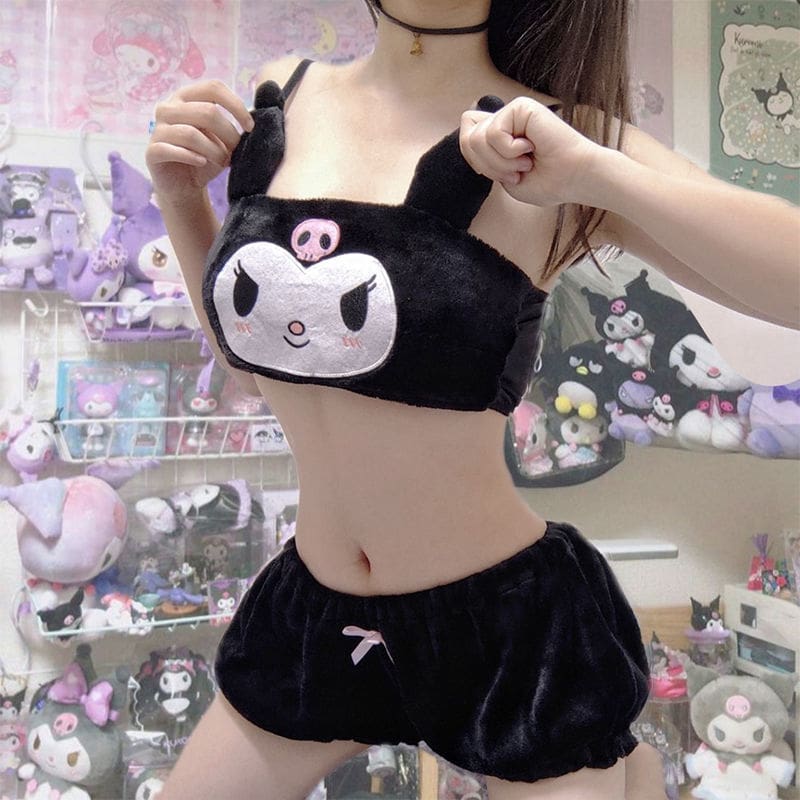 Kawaii pastel goth lingerie set fuzzy bloomer shorts