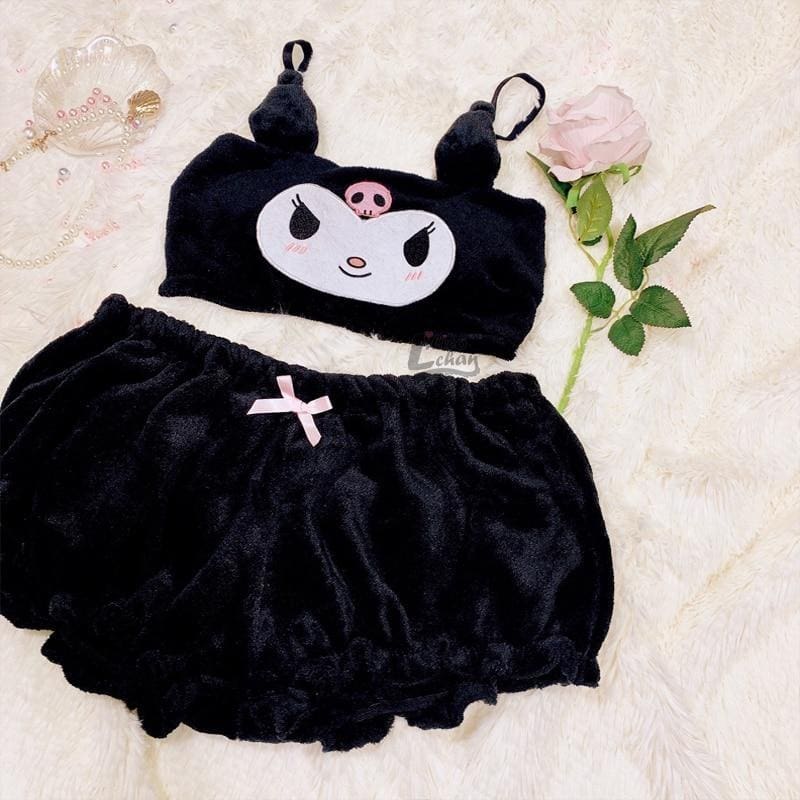 Kawaii pastel goth lingerie set fuzzy bloomer shorts