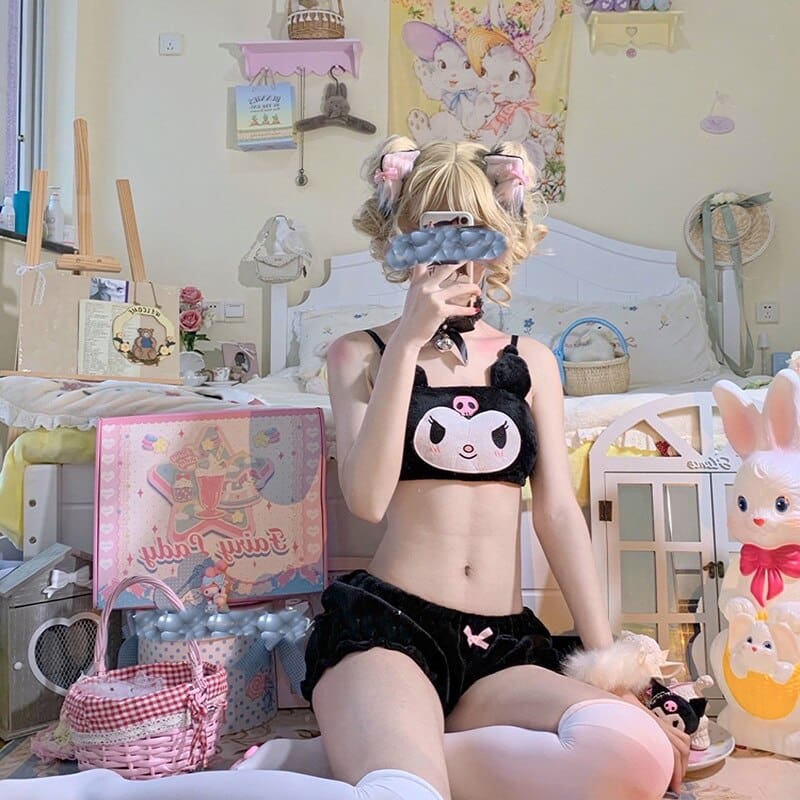 Kawaii pastel goth lingerie set fuzzy bloomer shorts