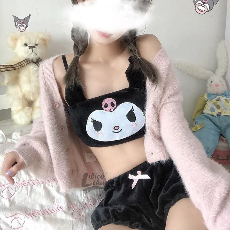 Kawaii pastel goth lingerie set fuzzy bloomer shorts