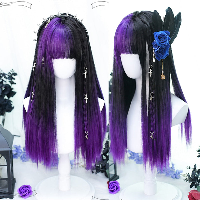 Kawaii pastel goth purple & black split cosplay wig