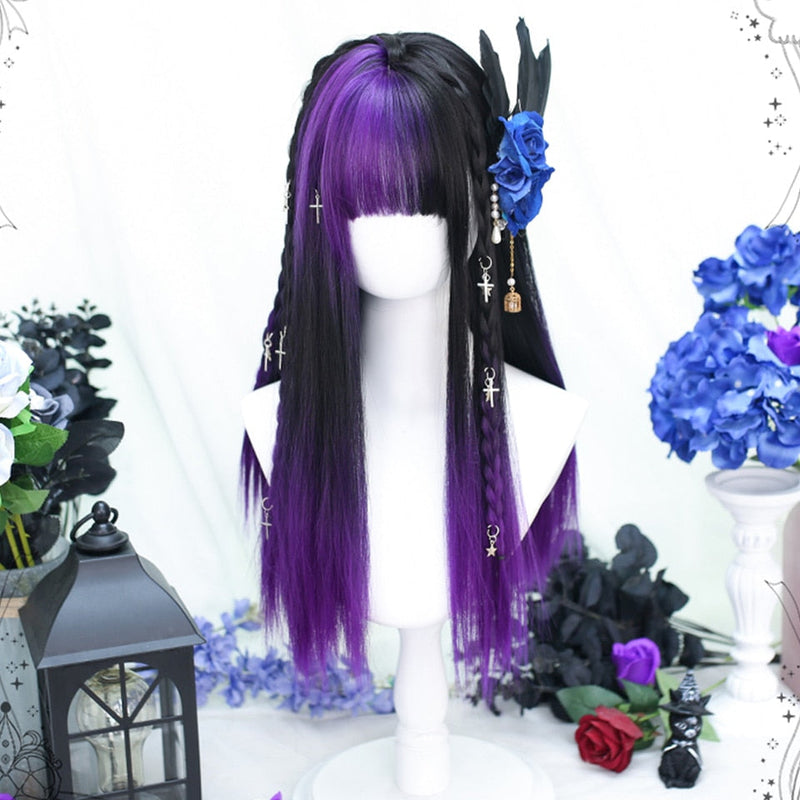 Kawaii pastel goth purple & black split cosplay wig