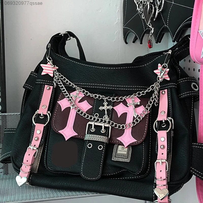 Pastel Goth Messenger Bag | Black & Pink Y2K Crossbody Shoulder