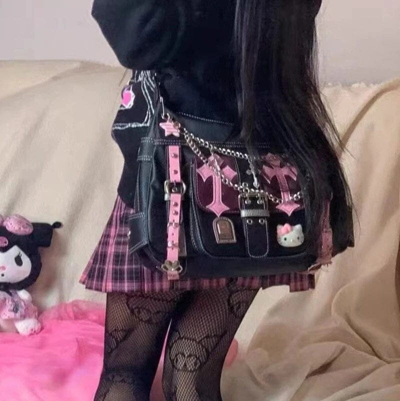 Pastel Goth Messenger Bag | Black & Pink Y2K Crossbody Shoulder