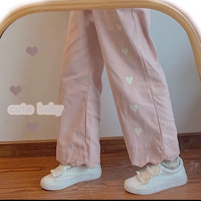 Pastel heart print pants - embroidery - kawaii - pants - pastel - ruffled