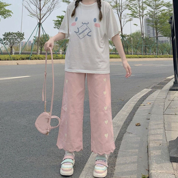 Pastel heart print pants - embroidery - kawaii - pants - pastel - ruffled