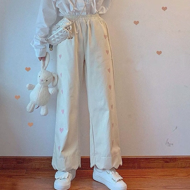 Pastel heart print pants - embroidery - kawaii - pants - pastel - ruffled