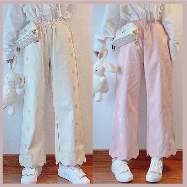 Pastel heart print pants - embroidery - kawaii - pants - pastel - ruffled