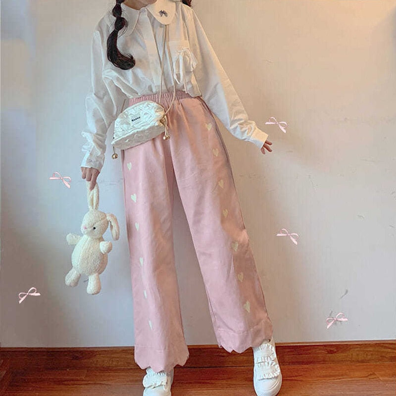 Pastel heart print pants - embroidery - kawaii - pants - pastel - ruffled