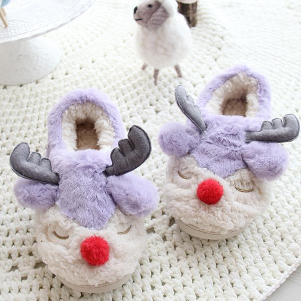 Kawaii pastel plush reindeer slippers soft night shoes