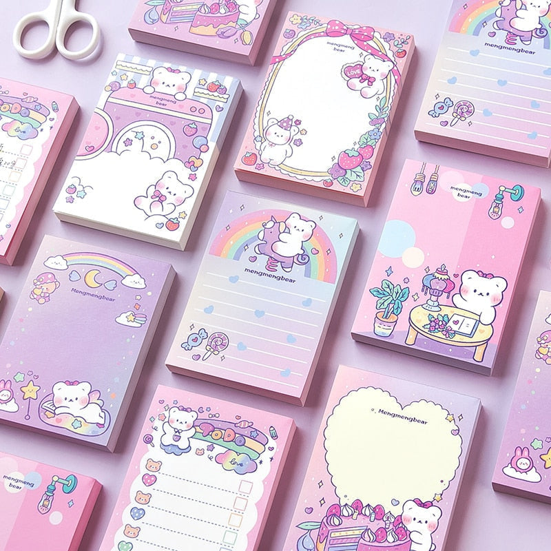 Kawaii pastel rainbow bear hearts and sweets sticky notepads