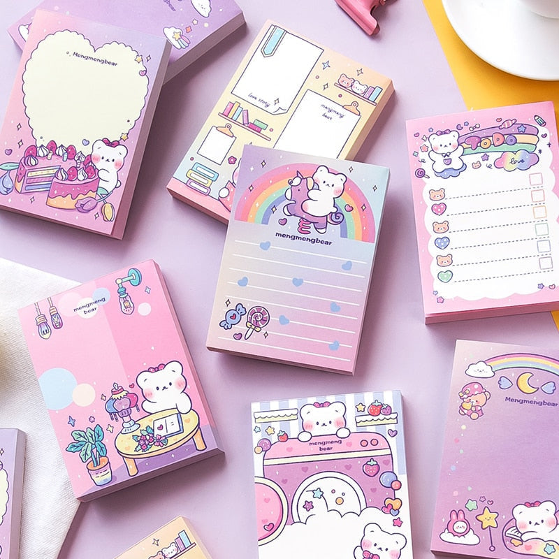 Kawaii pastel rainbow bear hearts and sweets sticky notepads