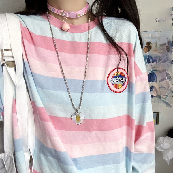 Pastel striped oversized top - kawaii - long sleeve - pastel - shirt - striped