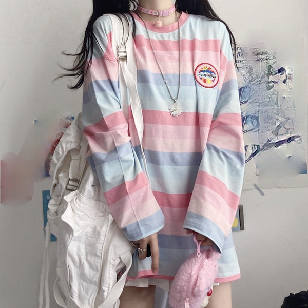 Pastel striped oversized top - kawaii - long sleeve - pastel - shirt - striped