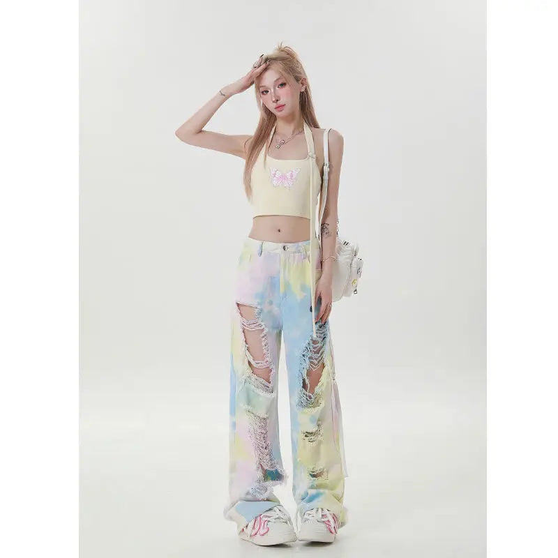 Pastel tie dye distressed oversized jeans - cargo pants - denim - jeans