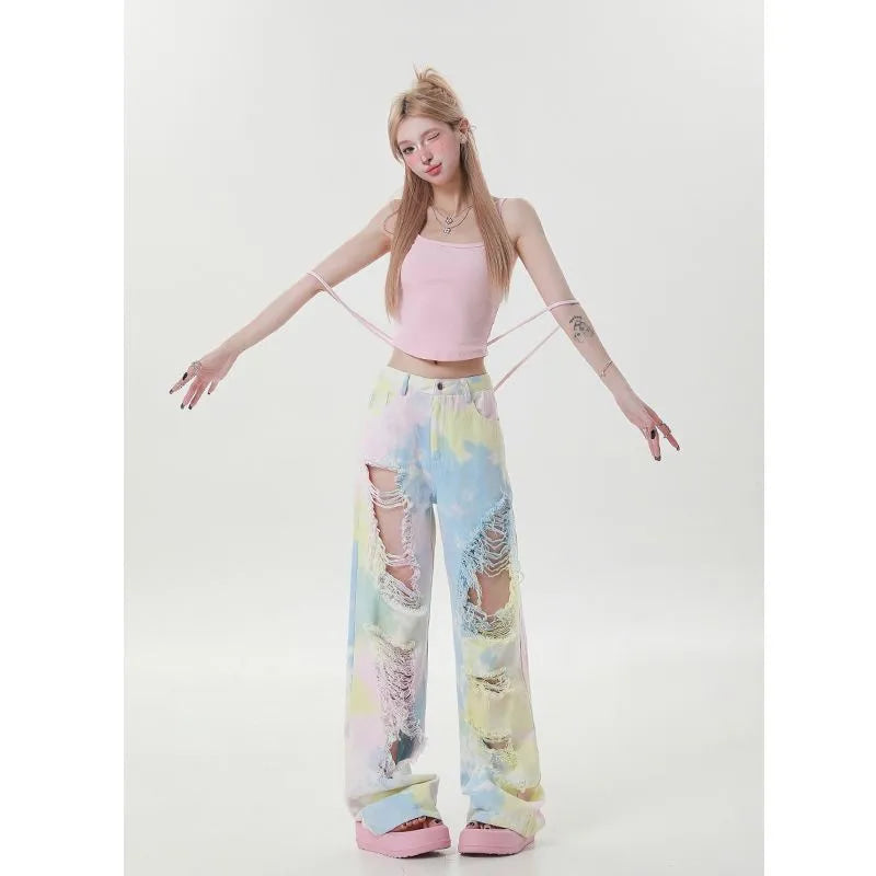 Pastel tie dye distressed oversized jeans - cargo pants - denim - jeans