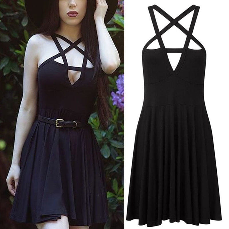 Pentagram Harness Dress Black Gothic Witch Skater Mini Dress for Women XXL