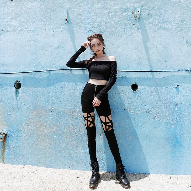 gothic pentagram witch pagan pants high waisted hollow cut out leggings goth fashion witchcraft by kawaii babe