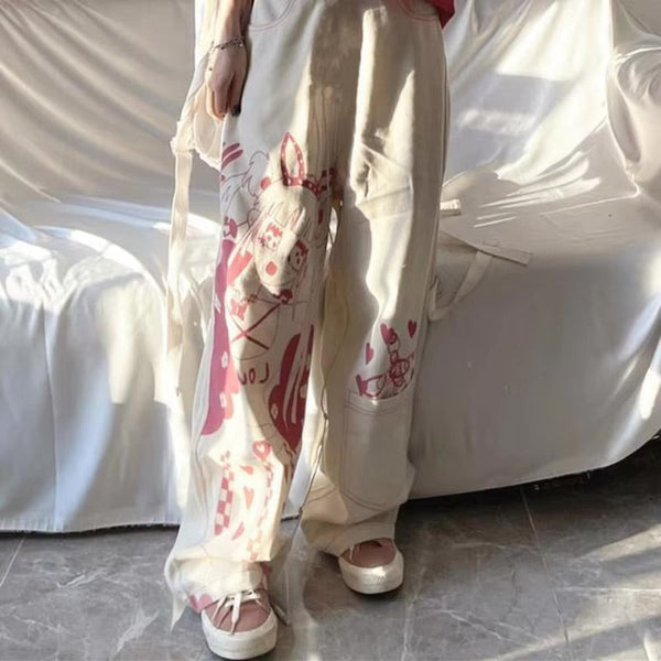 Pink anime print baggy pants - hearts - kawaii - pants - pink - y2k