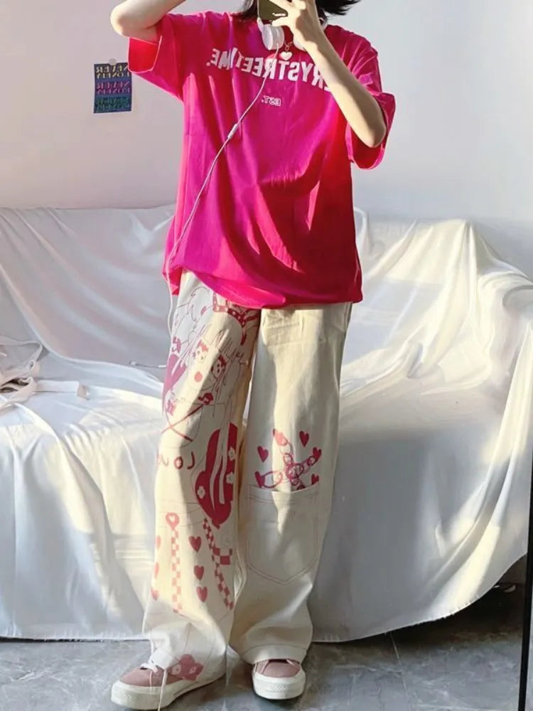 Pink anime print baggy pants - hearts - kawaii - pants - pink - y2k