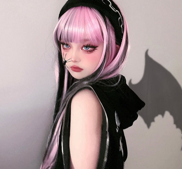 Pink & black striped cosplay wig - cosplay - goth - gothic - kawaii - pastel