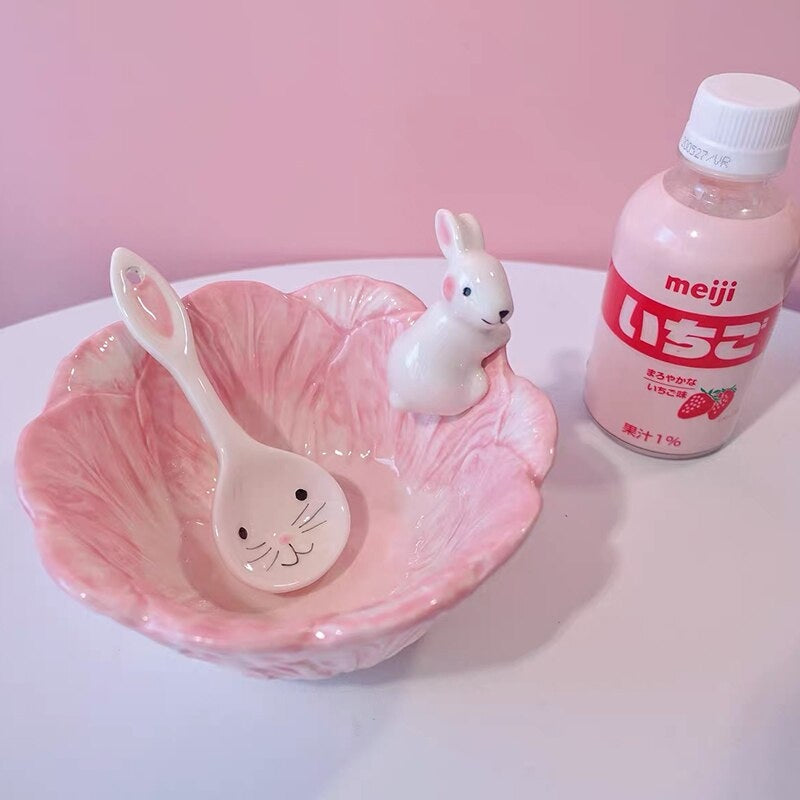 Pink Bunny Bowl & Spoon - bowl, bunnies, bunny rabbit, ceramic, dinner Kawaii Babe