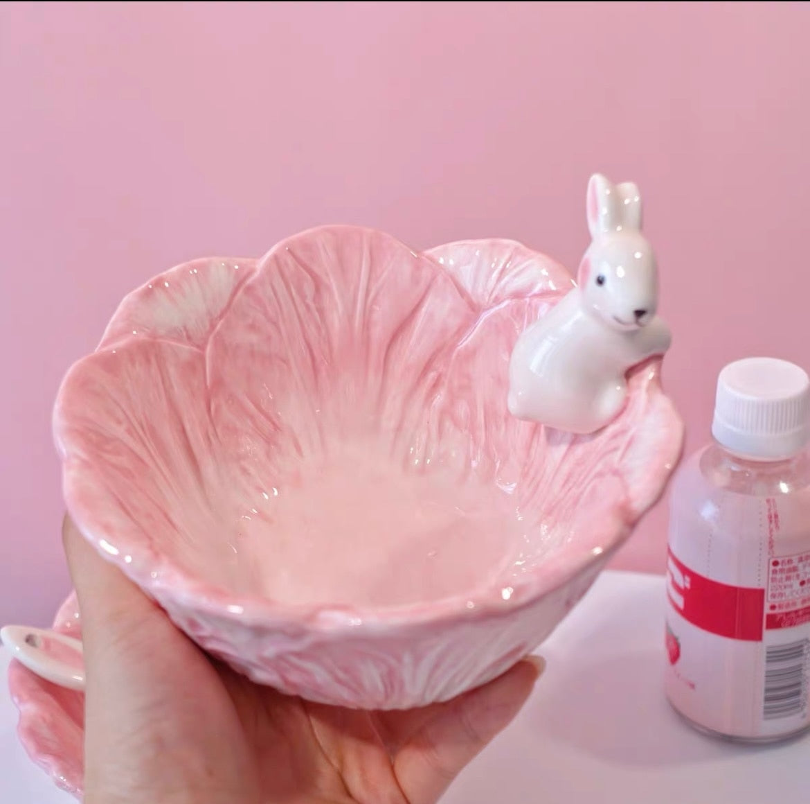 Pink Bunny Bowl & Spoon Sakura Lotus Flower Ceramic Cute Kawaii Babe