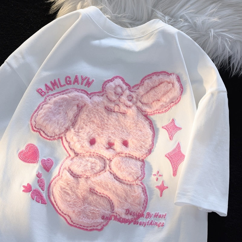 トップス KATIE BUNNY KISS puff sleeve tee PINK VTYUBX Kawaii Crying Bunny Strawberry Pink T-Shirt Girl Teen