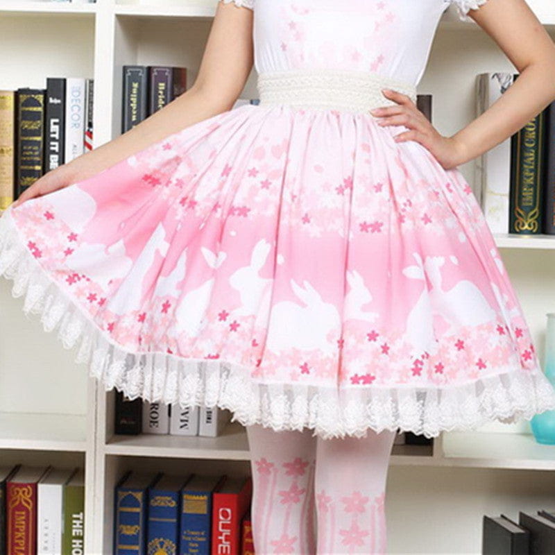 Pink cherry blossom bunny skirt with white lace ruffles and a full silhouette