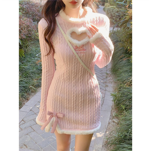 Pink dollette sweater dress - cable knit - coquette - cute dress - dollcore -