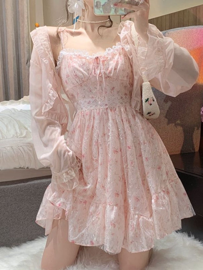 Pink Lace Floral Whimsy Dress and Cardigan 2-piece Set | Kawaii Babe Pink Lace Floral Whimsy Dress and Cardigan 2-piece Set | Kawaii Babe