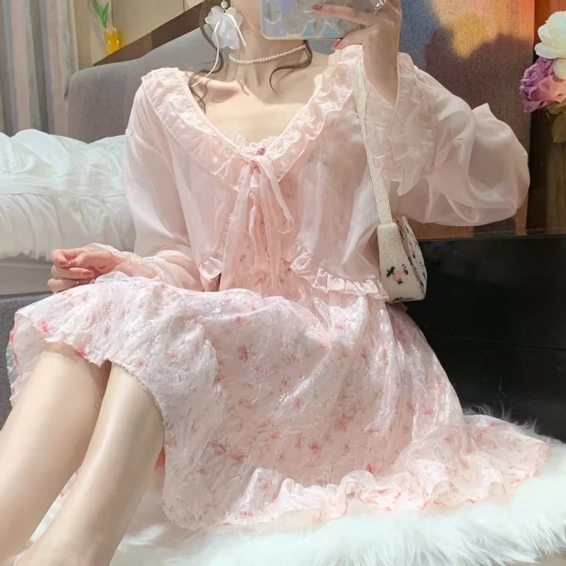 Pink Lace Floral Whimsy Dress and Cardigan 2-piece Set | Kawaii Babe Pink Lace Floral Whimsy Dress and Cardigan 2-piece Set | Kawaii Babe