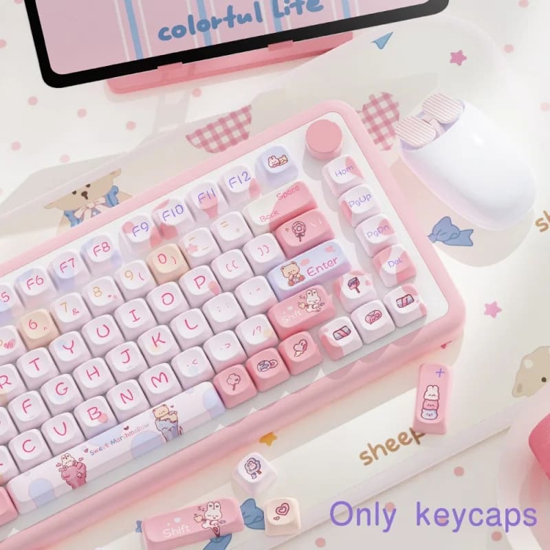 Kawaii pink teddy keycaps set keyboard caps