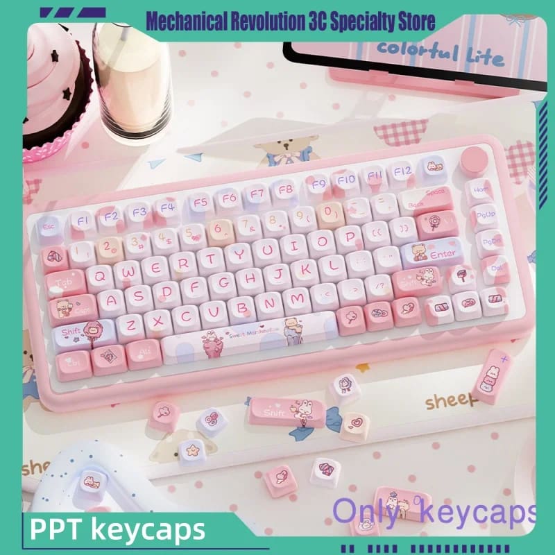 Kawaii pink teddy keycaps set keyboard caps