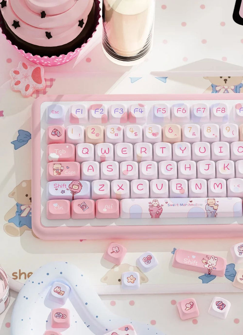 Kawaii pink teddy keycaps set keyboard caps