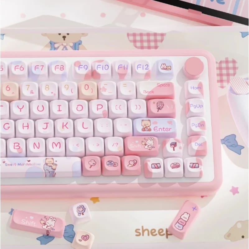 Kawaii pink teddy keycaps set keyboard caps