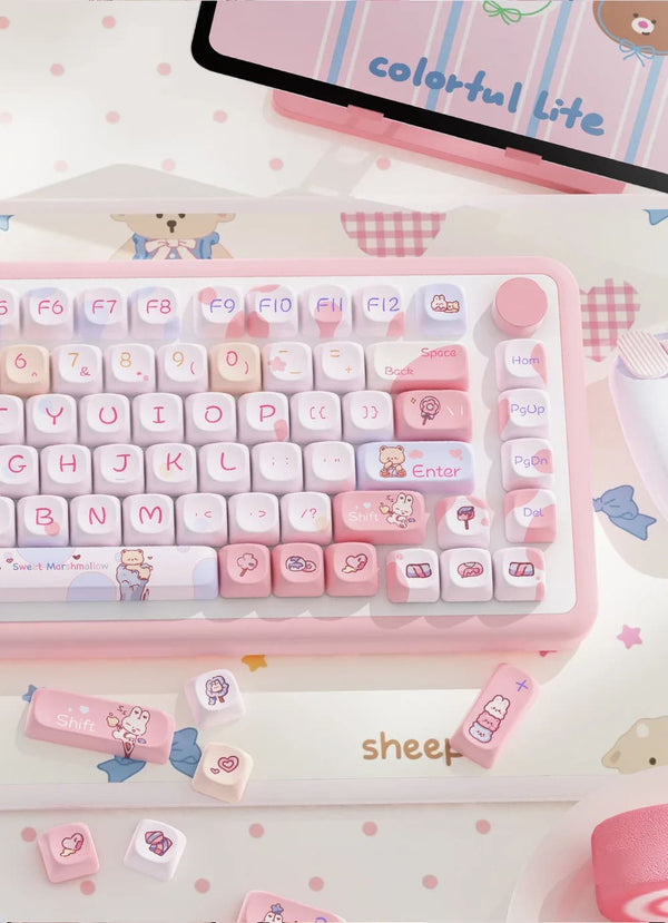 Kawaii pink teddy keycaps set keyboard caps