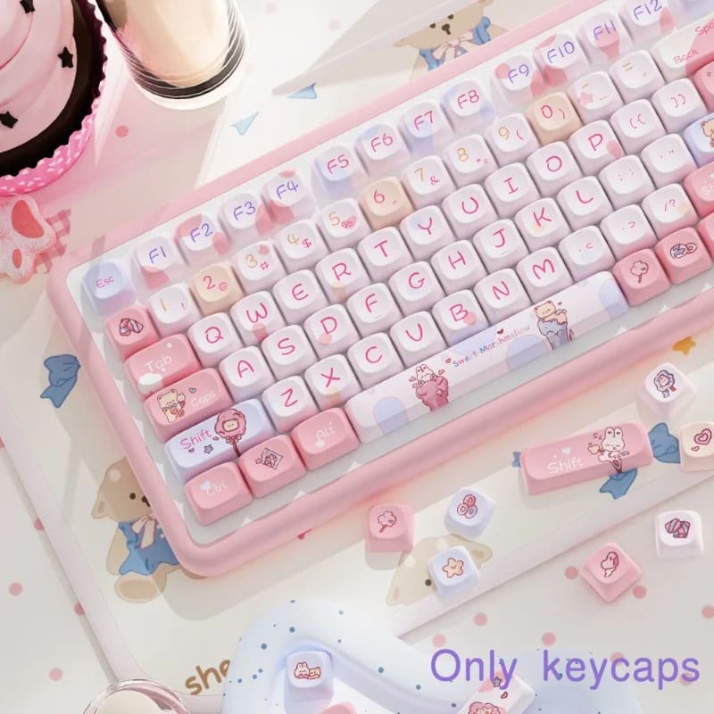 Kawaii pink teddy keycaps set keyboard caps