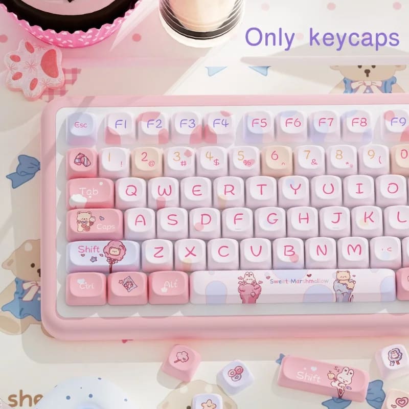 Kawaii pink teddy keycaps set keyboard caps