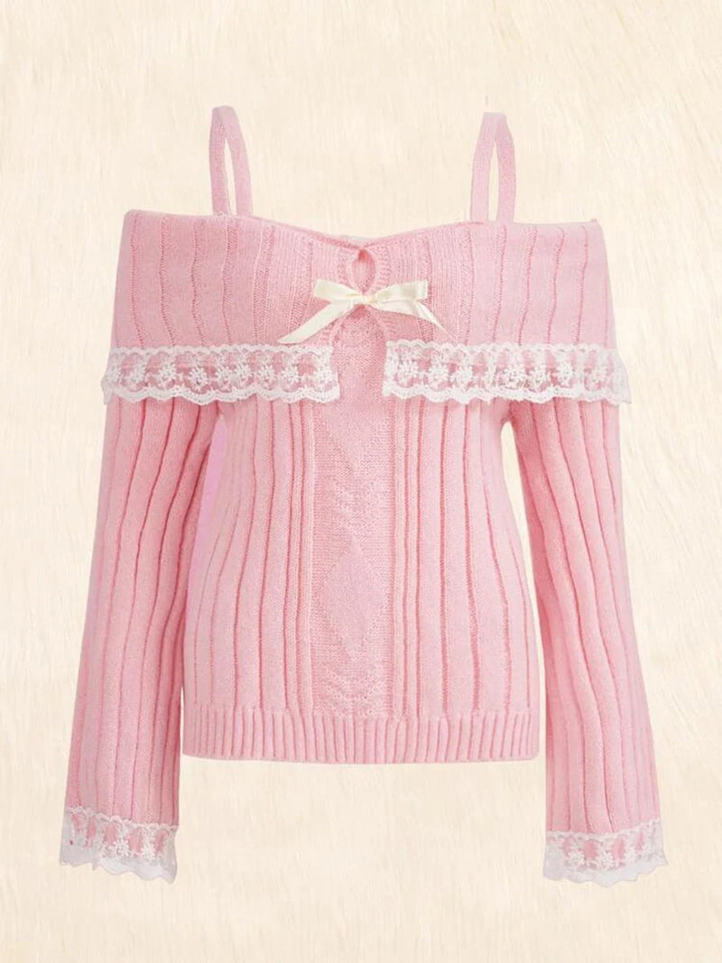 Pink Off Shoulder Knit Sweater with Lace Trim & Bow | Coquette Top