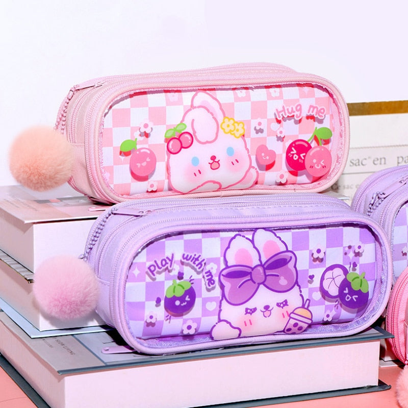 Kawaii pink & lavender plaid bunny pencil case