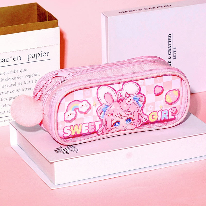 Kawaii pink & lavender plaid bunny pencil case